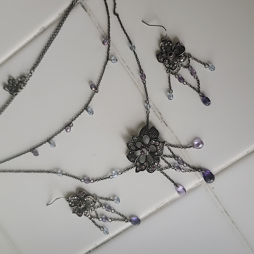 Pewter purple double necklace w earings - Picture 2 of 5